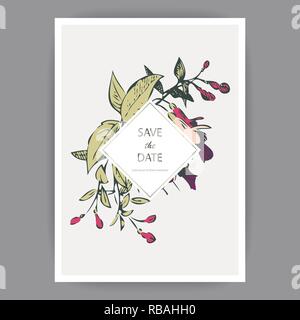 Botanical wedding invitation card template design, hand drawn fuchsia pink flowers and leaves with square frame with leaves, pastel vintage rural them Stock Vector