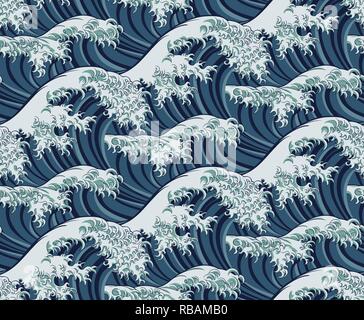 Japanese Great Wave Seamless Pattern Background Stock Vector