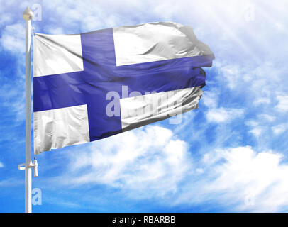 National flag of Finland on a flagpole in front of blue sky. Stock Photo