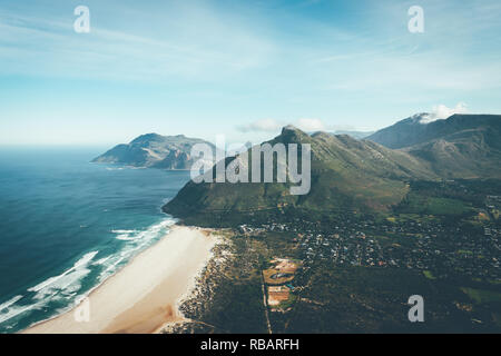 Aerial view of Noordhoek beach, a fantastic pristine beach just along the coast from Cape Town. Stock Photo