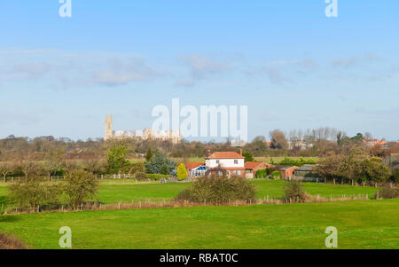 View of rural landscape with farmland and trees with the Minster on the horizon on a sunny day in winter in Beverley, Yorkshire, UK. Stock Photo