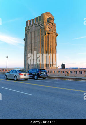 One of the sandstone Guardians of Traffic pylons on the Hope