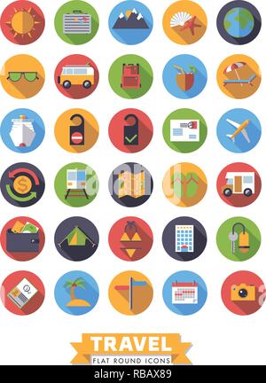 Set of 30 flat design long shadow round travel and vacation vector icons Stock Vector