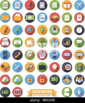Flat design long shadow business and office round icon vector set Stock Vector