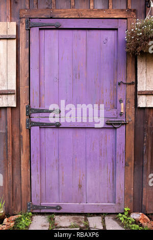A purple, old Dutch barn style garden shed door with vintage iron hardware is on a small wooden building. Stock Photo