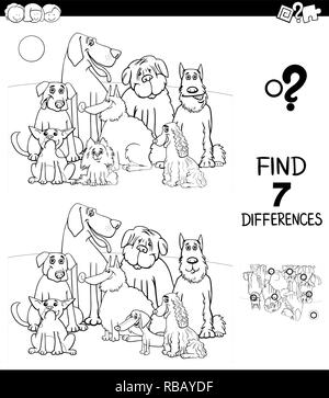Black and White Cartoon Illustration of Finding Seven Differences Between Pictures Educational Game for Children with Purebred Dog Characters Group Co Stock Vector