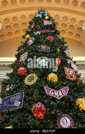 Christmas Holiday Train Themed Decorations At Union Station In