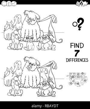 Black and White Cartoon Illustration of Finding Seven Differences Between Pictures Educational Game for Children with Pedigree Dog Characters Group Co Stock Vector