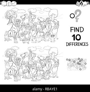 Black and White Cartoon Illustration of Finding Ten Differences Between Pictures Educational Game for Children with Purebred Dogs Animal Characters Co Stock Vector