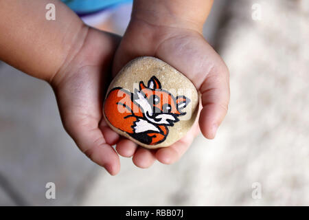A little 3 year old toddler child's hands are gently holding a painted rock with a fox on it, that they will hide in the garden. Stock Photo