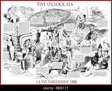 French satirical magazine La vie Parisienne 1888, central page:five o'clock sea, summer vacation on a English beach: ladies,flirt, fashion,humor, caricatures, portraits Stock Photo