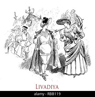 Vintage humor and fun: summer vacation on the sea at Livadiya, Crimea. 'La vie Parisienne' French satirical magazine, year 1888 Stock Photo