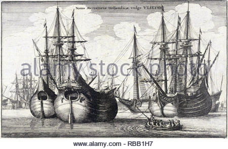 Dutch Fluyt cargo vessel, etching by Bohemian etcher Wenceslaus Hollar from 1600s Stock Photo