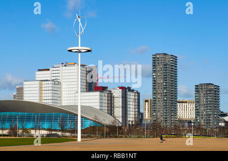 Stratford, East London UK, viewed from the Queen Elizabeth Olympic Park, with the London Aquatics Centre Stock Photo