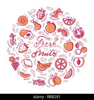 Circular illustration with fruit and text for shop, printing, website design. Stock Vector