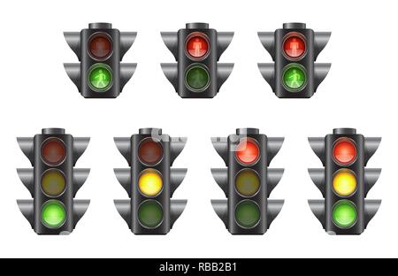 Set of realistic traffic lights for cars and pedestrians Stock Vector