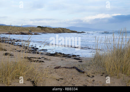 Dornoch beach in winter, looking north across the Dornoch Firth to Sutherland, Scotland Stock Photo