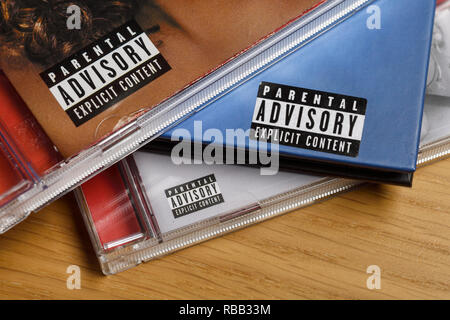 Parental Advisory labels on compact disc cases Stock Photo