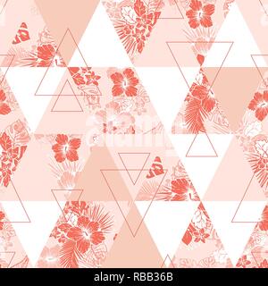 Living Coral Exotic Foliage, Hibiscus and Triangles Floral Vector Seamless Pattern. Geometric pattern. Lush Monochrome Tropical Palm Leaves, Monstera  Stock Vector