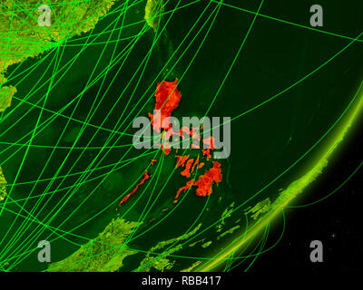 Philippines on green model of planet Earth with network at night ...