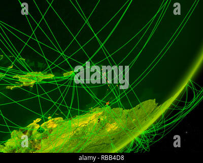 Caribbean on green model of planet Earth with network at night. Concept of digital technology, communication and travel. 3D illustration. Elements of  Stock Photo