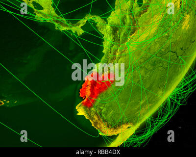 Ecuador on green model of planet Earth with network at night. Concept ...