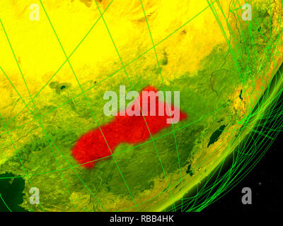 Central Africa on green model of planet Earth with network at night ...