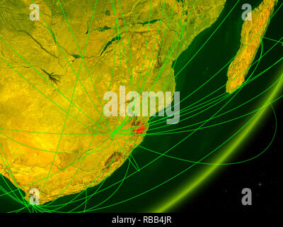 eSwatini on green model of planet Earth with network at night. Concept of digital technology, communication and travel. 3D illustration. Elements of t Stock Photo