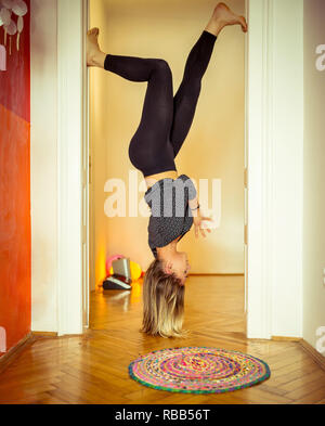 Young Attractive Woman in Adho Mukha Vrksasana Pose, Window Back Stock  Photo - Image of gymnastics, inversion: 101078600