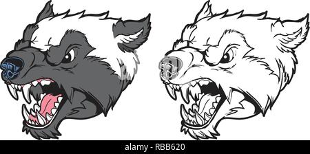 Vector Cartoon Clip Art Illiusration of a growling wolverine mascot head in color and black and white. Stock Vector