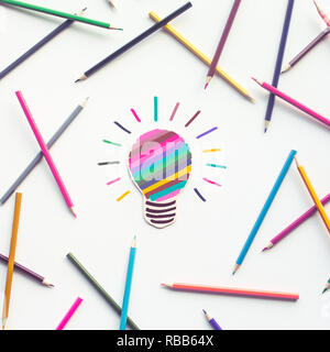 Group of colorful pencil with light bulb painting on white.Business creativity and education ideas concepts Stock Photo