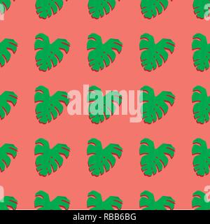 Trendy seamless vector pattern with monstera leaves on coral color background. Stock Vector
