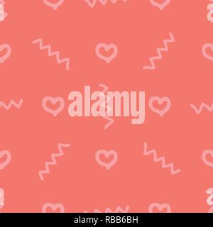 Seamless vector illustration with waves and heart shapes on coral color background. Stock Vector
