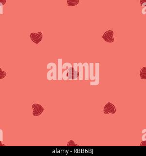 Scattered red heart shapes in hand drawn style on coral color background. Stock Vector