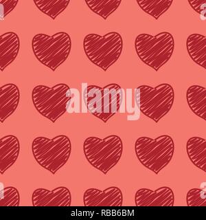Romantic seamless vector illustration with red hearts on coral trend color. Stock Vector