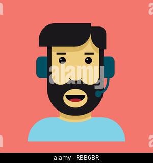 Hipster style man with beard talking to a client in headphones. Stock Vector