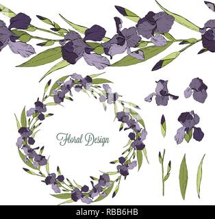 Set of iris floral elements isolated on white background, wreath and seamless brush of flowers, vector illustration Stock Vector