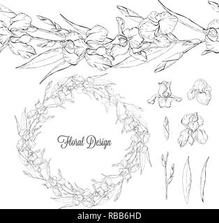 Set of iris, black and white floral elements isolated on white background, wreath and seamless brush of flowers, vector illustration Stock Vector