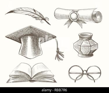 Graduation theme for Medieval high school or college graduation. Accessories drawn in engraving style. Vector Illustration. Stock Vector