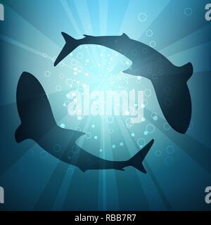 Two big sharks are circling under the water illuminated by sunlight and rays. Vector Illustration Stock Vector