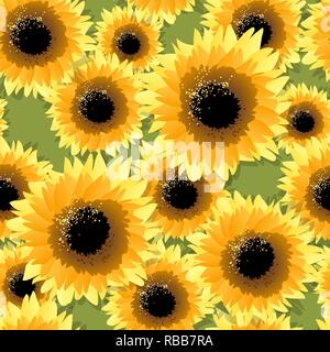 Seamless pattern with sunflowers drawn in cartoon style. Vector illustration Stock Vector