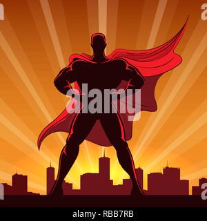 Silhouette of a superhero in red cap standing on the edge of a building at sunset. Vector Illustration. Stock Vector