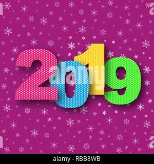 2019 Happy New Year. Vector illustration. Holiday greeting card with numbers and snowflakes. Stock Vector