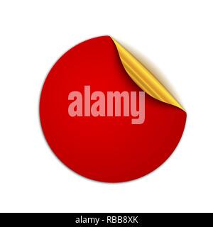 Red round sticker isolated. Vector illustration. Paper label with gold corner. Stock Vector