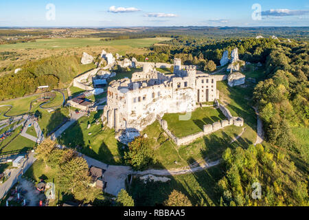 The ruins of medieval castle on the rock in Ogrodzieniec, Poland. One of strongholds  called Eagles Nests in Polish Jurassic Highland in Silesia. Stock Photo