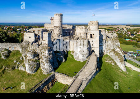 The ruins of medieval castle on the rock in Ogrodzieniec, Poland. One of strongholds  called Eagles Nests in Polish Jurassic Highland in Silesia. Stock Photo