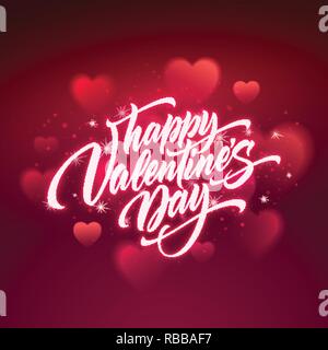 Happy valentines day handwritten text on blurred heart background. Vector illustration Stock Vector