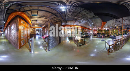 360 degree panoramic view of MINSK, BELARUS - OCTOBER 31, 2015: Panorama in  interior stylish corridor in modern coworking with computers. Full 360 by 180 seamless panorama  in eq