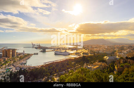 Cityscape of Malaga in Costa del Sol, Spain. Port of Malaga (Muelle Uno) and views of nature and buildings on a sunny day. Views from The Alcazaba. Stock Photo