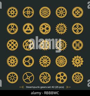 Metal gears on dark green background Steampunk cogwheels vector set victorian era illustration design elements great for laser or vinyl cut Stock Vector